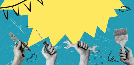 Art collage of hands with tools on a surreal background with a message bubble. Concept of technical support, warranty service and repair.の写真素材