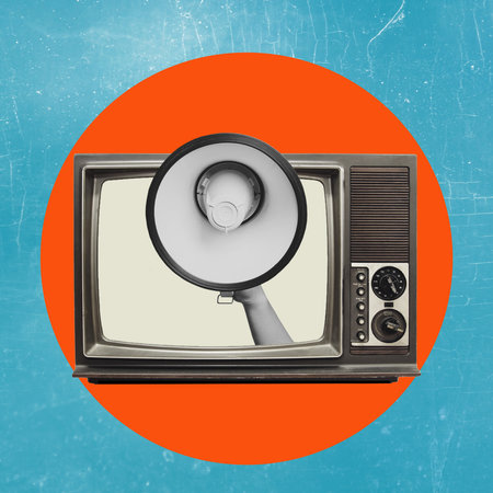 breaking news. A collage of contemporary art. Arm sticking out of retro TV, isolated on blue background. Concept art, surrealism, news, sales, information, discount. Place for advertising.の写真素材