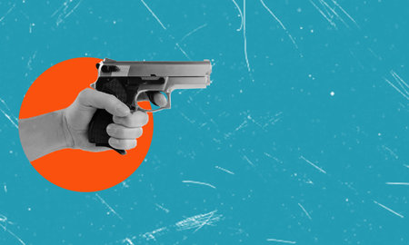 Art collage, modern design, hand with gun on blue background. Copying space, for advertising or...