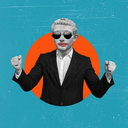 modern art collage. Conceptual portrait of a businessman wearing sunglasses. Plaster head Man in suit on blue background.の写真素材