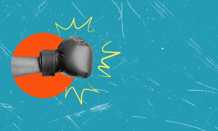 Creative image of a hand in boxing gloves on a blue background. The concept of inspiration, creativity, and sports. art collage.の写真素材