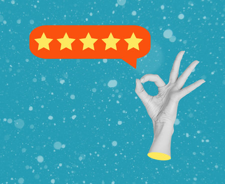 Contemporary art collage depicting a human hand showing a gesture of ok. A five-star performance. Giving the highest rating for service. modern design. A place to copy.の写真素材