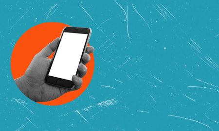 Cell phone with a white screen in a woman's hand, isolated on a blue background. Blank with empty space for text. Fancy collage in magazine urban style. Modern art. modern design.の写真素材