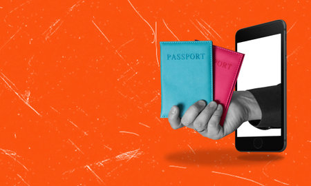 Modern art collage, hand holding two passports in cell phone on red background with copy space. The concept of tourism and travel.の写真素材