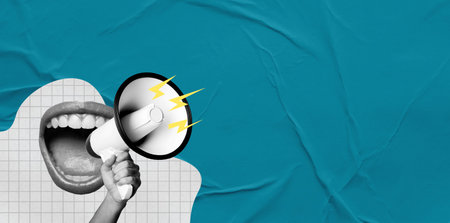 Human hand with megaphone and female open mouth on blue background. Modern design, modern art collage. Inspiration, idea, trendy urban magazine style. Negative space for advertising.の写真素材