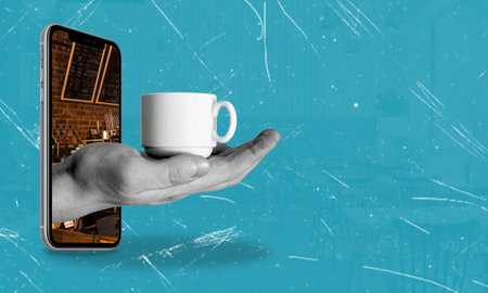 Online support. Modern art collage featuring a coffee cup standing on a phone screen. Concept for delivery service, online shopping, food, technology. Ad copy spaceの写真素材