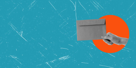 Poster banner collage of a hand holding a new message, hand with envelope. Concept of writing a letter.の写真素材