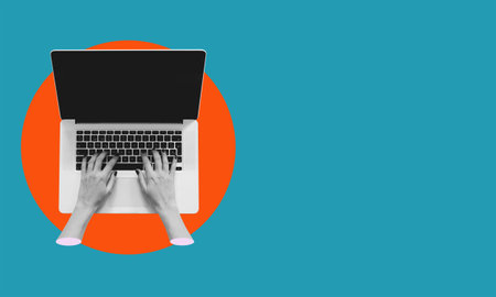 contemporary art collage. Men's hands typing on a laptop, working with financial analytics, growing virtual money. Cryptocurrency concept, economics, modern technology, internet. creative designの写真素材