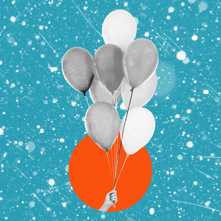Balloons in the hands of a man. art collage. Childhood, dreams, happiness, studying, going back to school. Place for advertising.の写真素材