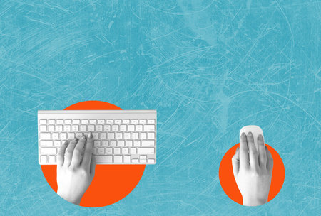 contemporary art collage. creative design. Male hand fast typing on keyboard, developing code, securing information. Concept of IT, business, data science, coding, occupation, modern technologiesの写真素材