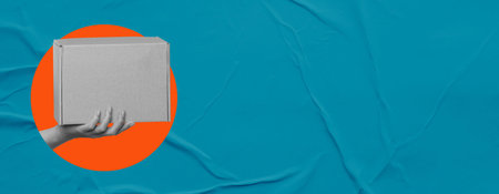 Online shopping and express delivery. art collage. Hand with a parcel on blue background with copy space.の写真素材