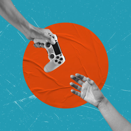 Art collage, the hand with the game joystick reaching for another hand on blue background. Concept of games and entertainment.の写真素材