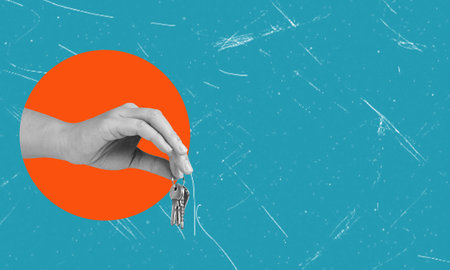 Large businessman gives key to house on blue background with copy space. Concept of handing over keys.の写真素材