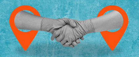 Two entrepreneurs shaking hands with navigation icon on blue background. Contemporary Art, Contemporary Designの写真素材