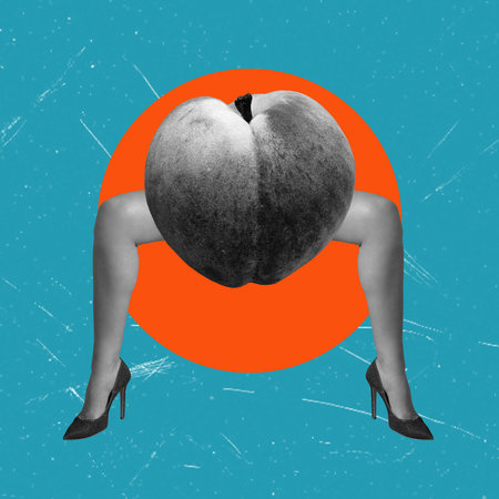 Art collage, peach between legs in orange circle on blue background. Concept of emotions, beauty, cosmetics, creativity and advertisingの写真素材