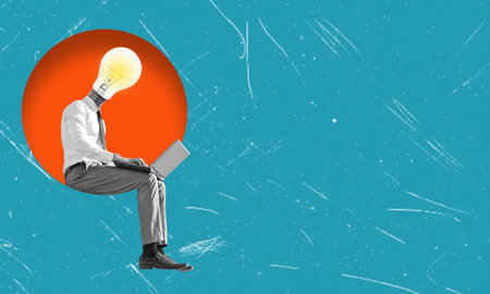 Contemporary art collage depicting a man led by a light bulb, sitting on in a circle with a laptop. Concept of creativity, inspiration, innovation, success, ideas. copyspace.の写真素材