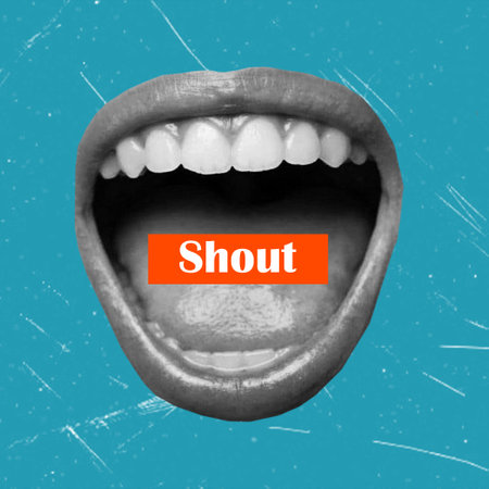 Modern art collage, contemporary design. Composition with woman with open screaming mouth. Blue abstract background.の写真素材