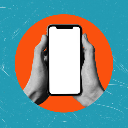 Cell phone with white screen in hand, and orange circle and blue background. Modern art. modern designの写真素材