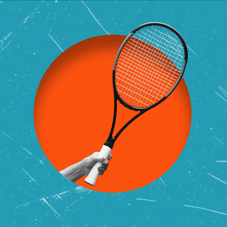 Art collage, hand and tennis racket on blue background. Concept of sport and hobby.の写真素材