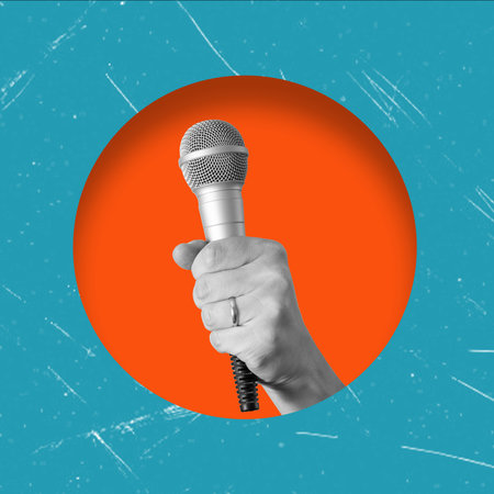 Art collage, Hand with microphone on orange background. Concept for news, advertisement or call to action.の写真素材