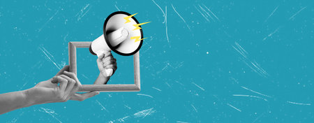 Male hand holding megaphone. Concept of news, sales, propaganda and ad. contemporary art collage. Inspiration, idea, creativity, surrealism and colorful minimalismの写真素材