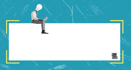 Man with laptop sitting on large poster for text. art collage. The concept of searching information on the Internet.の写真素材