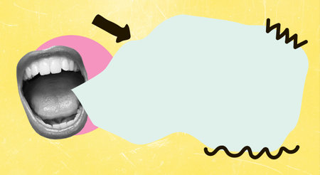 A woman's mouth against the backdrop of a speech bubble. Banner for business, marketing and advertisingの写真素材