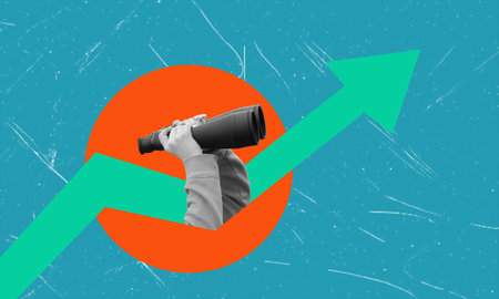 Collage poster study of businessmen picture chart arrow goes up there is capital budget profit. The concept of profit in the stock market.の写真素材