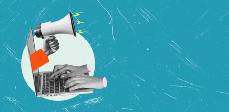 Shouting out your own thoughts online. Man with megaphone in laptop. Modern design, contemporary art collage. Inspiration, idea, trendy urban magazine style. Negative space to insert your text or ad.の写真素材