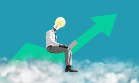 Art collage, man with a light bulb in his head, working on a laptop sitting on an up arrow. business growth concept.の写真素材