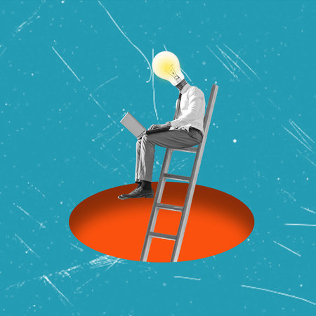 A developer with a laptop sits on a ladder. A new idea. A business concept. modern collage.の写真素材