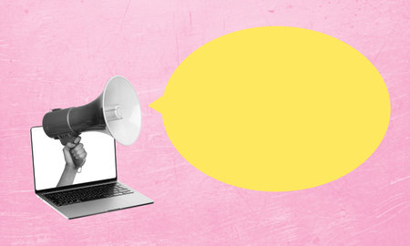 Art collage, laptop and megaphone on pink background with copy space. Concept of work and advertisement.の写真素材