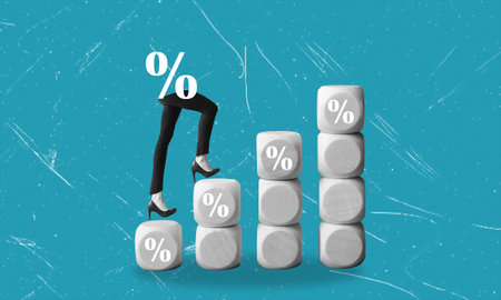 Modern art collage image pinup pop image of hurried female legs running up the percentages. The concept of profit in business and finance.の写真素材