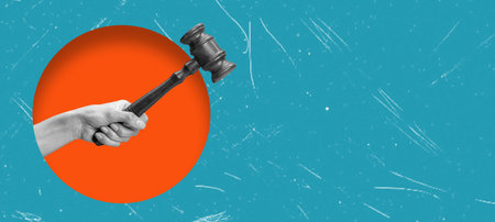 Digital Collage Depicting a Female Hand Holding a Judge's Gavel on a Blue Background. Concept of Judiciary Workの写真素材