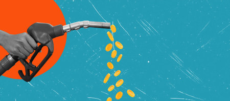 Art Collage: Hand Holding Gasoline Pump Nozzle, Coins Spilling from the Hose. Concept of Increasing...
