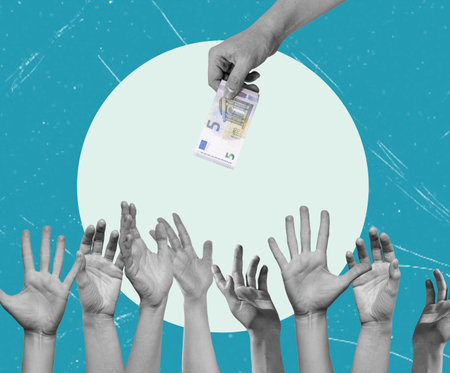 contemporary art collage. A human hand on a blue background extends money to other hands as a donation. financial growth motivation. Concept of surrealism, creativity, business, finance.の写真素材