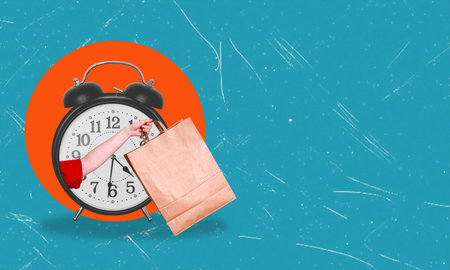 Artistic Collage. Clock Hands, Home Grocery Delivery, Timely Parcel Delivery. The Concept of Delivery, Punctuality.の写真素材