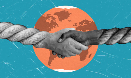 Art Collage: Hands of People from Different Nations and Beliefs Shaking Hands Against the Background of the Earth. Symbolizing Unity, Equality, Friendship, and Support. Human Rights Day, December 10th.の写真素材