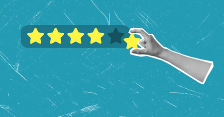 Contemporary Artistic Collage Depicting a Human Hand Holding the Fifth Star. Five-Star Performance. Giving the Highest Rating to Service. Modern Design. Space for Copy.の写真素材