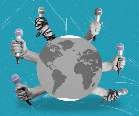 Contemporary artistic collage, hands with microphones symbolizing global news. The concept is world news.の写真素材