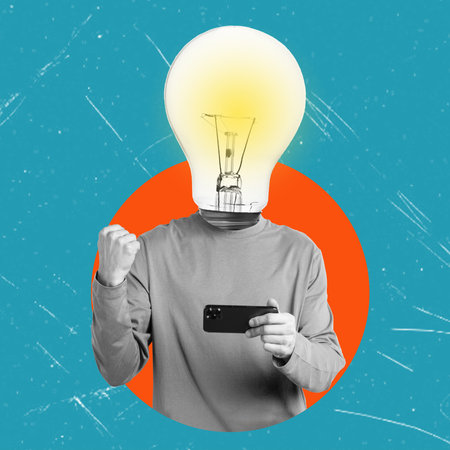 Creative art collage depicting a man with a light bulb instead of a head and a phone in his hands. Concept of business, ideas, professionalism and success. contemporary design.の写真素材