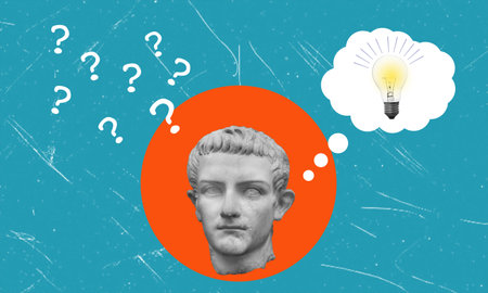 Art collage, a marble head thinking, thoughts in a bubble like an idea and question marks. The concept is choice.の写真素材