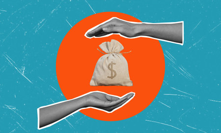 Contemporary art collage, female palms in the orange circle, a bag of money. Concept of business and finance.の写真素材