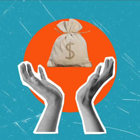 Creative art collage depicting a hand holding a bag of money. The concept of protecting profit and wealth. Contemporary design.の写真素材