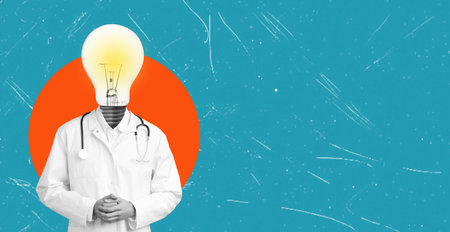 Abstract Contemporary Collage: Doctor with a Lightbulb Head on a Blue Background with Space for Text. Concept of Healthcare and Science.の写真素材