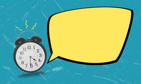 Art collage, ringing alarm clock and message on blue background. Concept of success and promotion.の写真素材