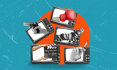 Collage, many retro TVs, from which a hand with a microphone, a gun, a clapper and a syringe is sticking out. Yellow press from retro TVs, daily news.の写真素材