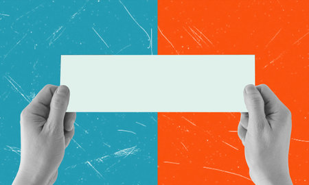 Modern art collage with human hands holding paper for advertising and information poster....