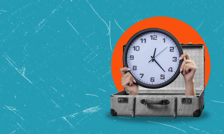A contemporary artistic collage depicting hands holding mechanical clocks emerging from a vintage...