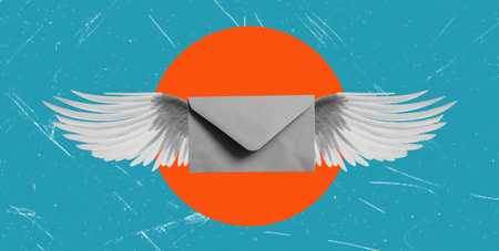 Modern artistic collage, a letter or message with wings on a blue background. The concept of a fast...